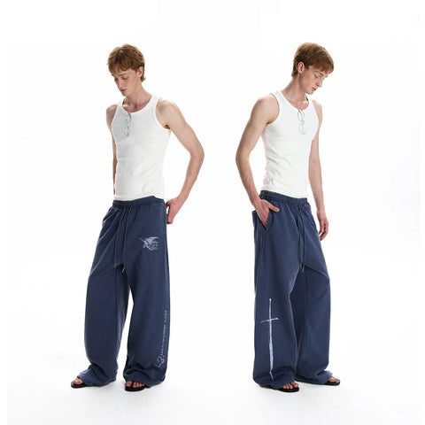 A PUEE American retro washed vintage printed casual bathroom pants for couples, stylish and loose straight leg floor length pants