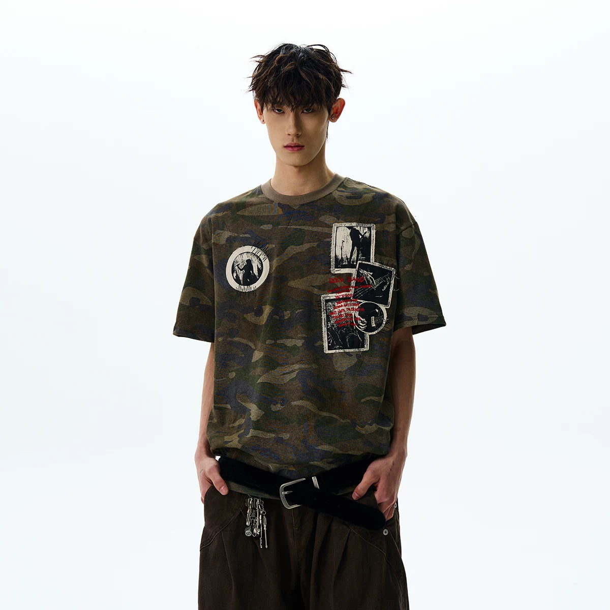 A PUEE American retro vintage made with old patches, embroidered short sleeved T-shirt, vintage style camouflage, cool and trendy top