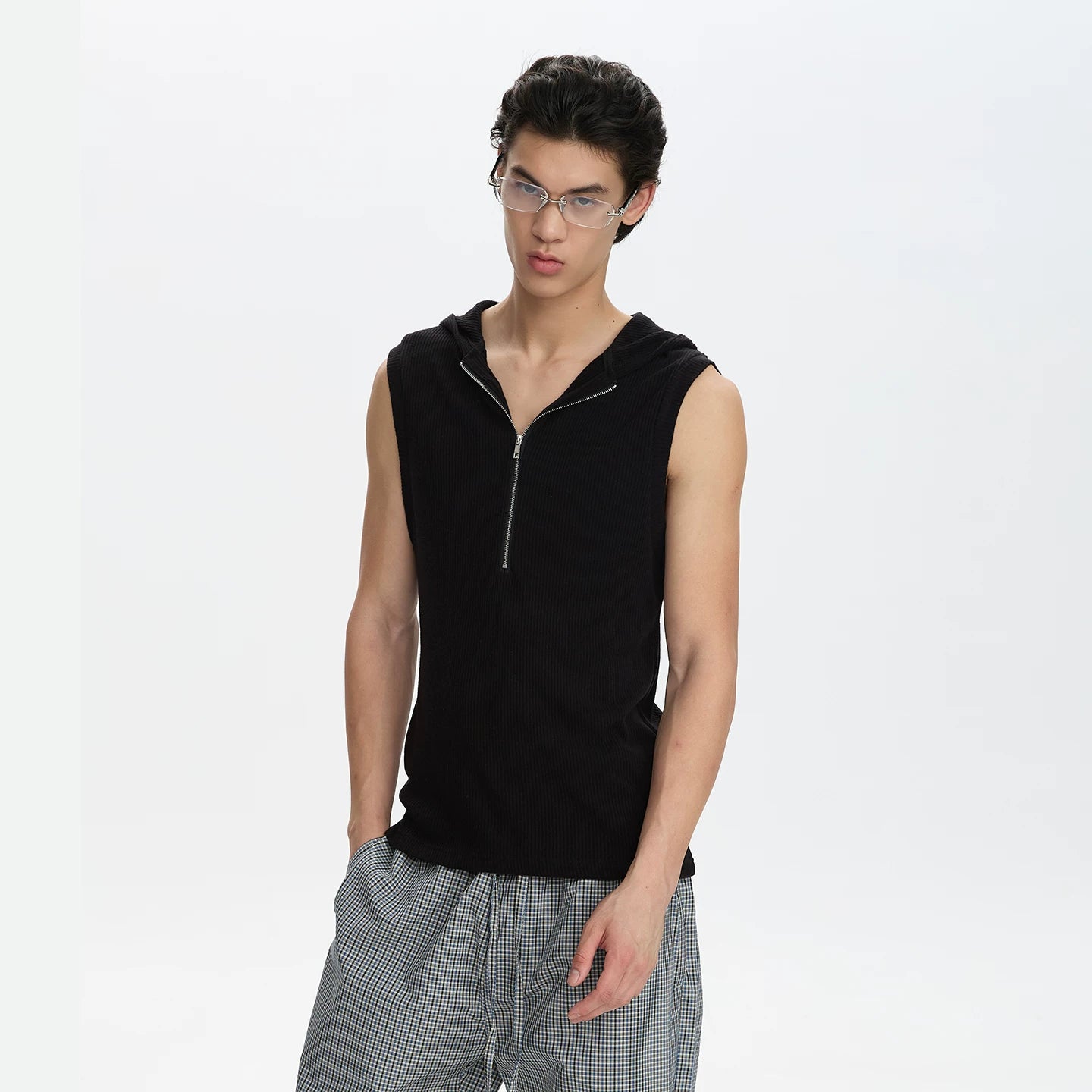 A PUEE half zip hooded slim fit sleeveless vest cleanfit simple commuting short T-shirt fitness top