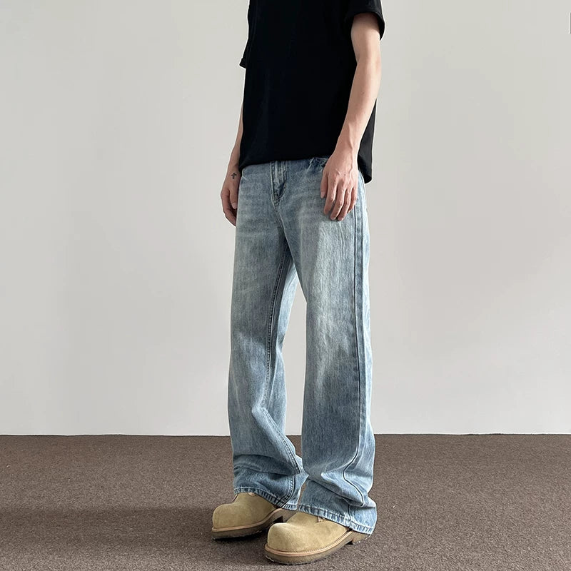 A PUEE American High Street Clean Fit Lightning Washed Jeans Men's Trendy Straight Tube Micro Pull Vibe Handsome Pants