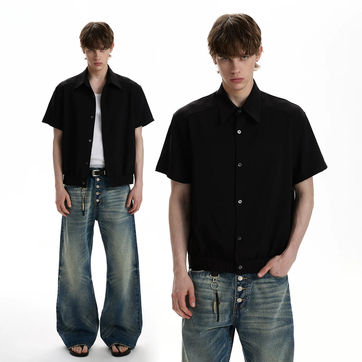 A PUEE American retro shoulder style short sleeved shirt cleanfit silhouette deconstruction loose short shirt trend