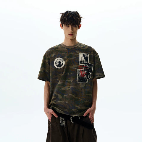 A PUEE American retro vintage made with old patches, embroidered short sleeved T-shirt, vintage style camouflage, cool and trendy top
