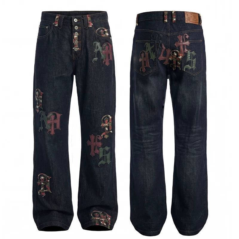 DND4DES American Street Gothic Camouflage Patch Leather Five Buckle Straight Tube Original Cow Casual Jeans Pants
