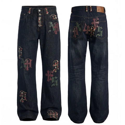 DND4DES American Street Gothic Camouflage Patch Leather Five Buckle Straight Tube Original Cow Casual Jeans Pants