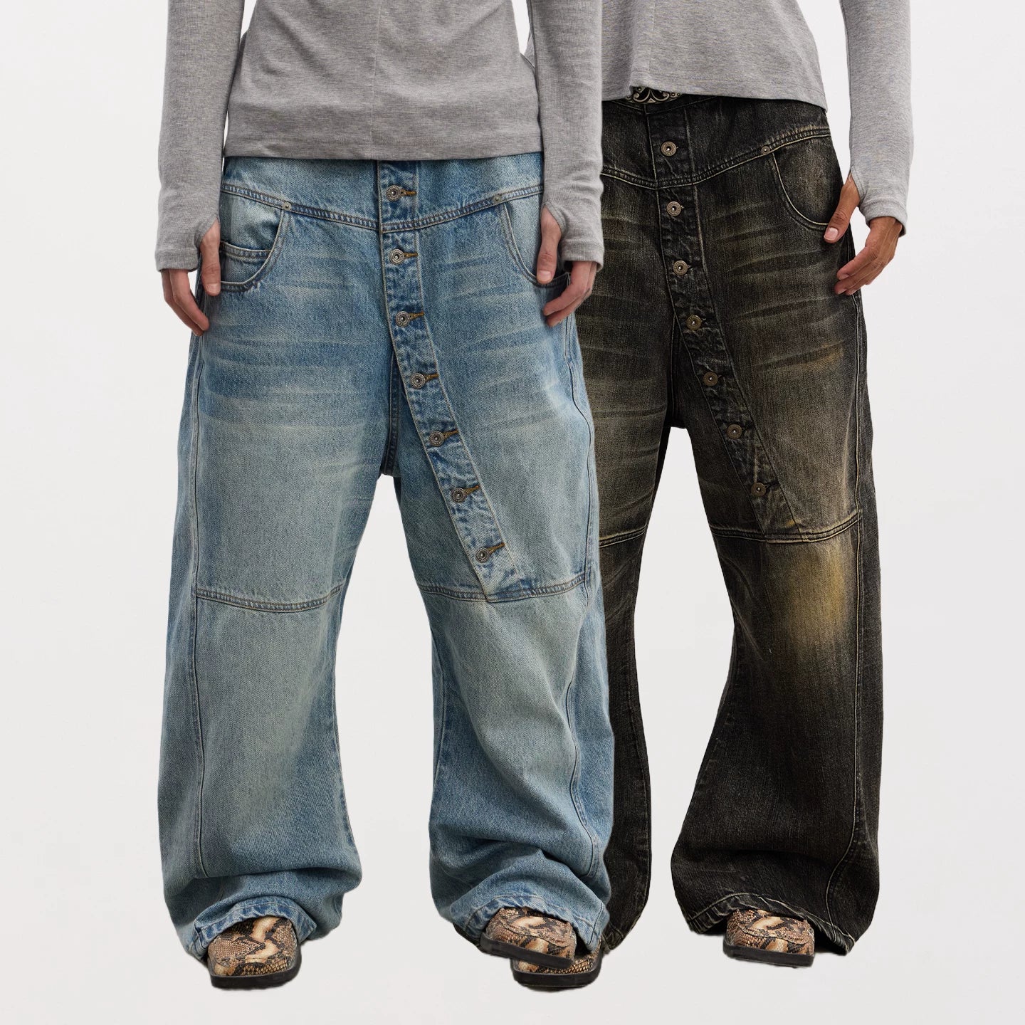 DND4DES American Heavy Industry 3D Cat Beard Washed for Old, Long Buckle Baggy, Curved Knife Jeans, Multi Color