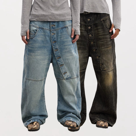 DND4DES American Heavy Industry 3D Cat Beard Washed for Old, Long Buckle Baggy, Curved Knife Jeans, Multi Color
