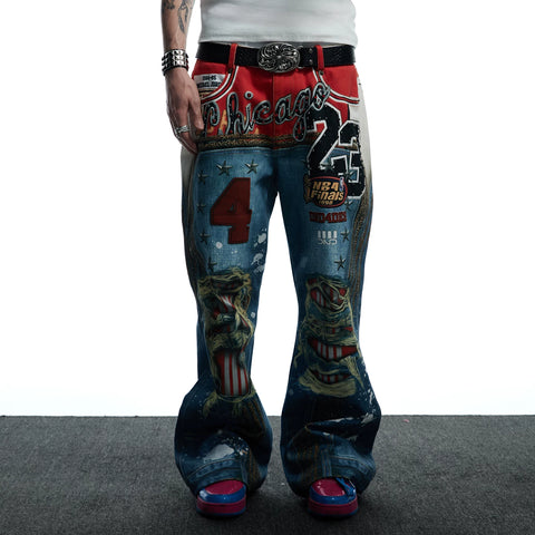 DND4DES Wang Sulong's original American style 3D printed leopard print perforated straight leg micro flared jeans and pants