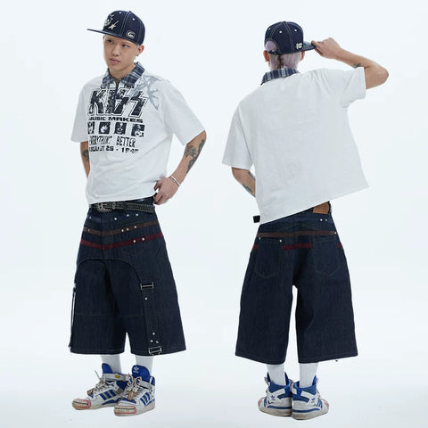 Sun Ensheng Luzhuo Same Style DND4DES Star Suede Splicing Danning Original Cow Seven Point Shorts Cowboy Mid Pants