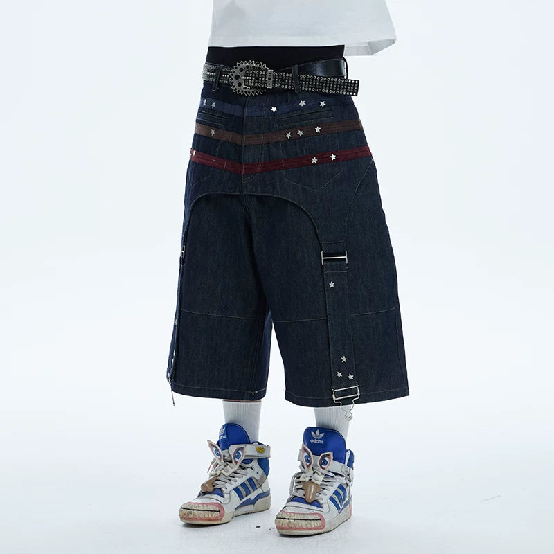 Sun Ensheng Luzhuo Same Style DND4DES Star Suede Splicing Danning Original Cow Seven Point Shorts Cowboy Mid Pants