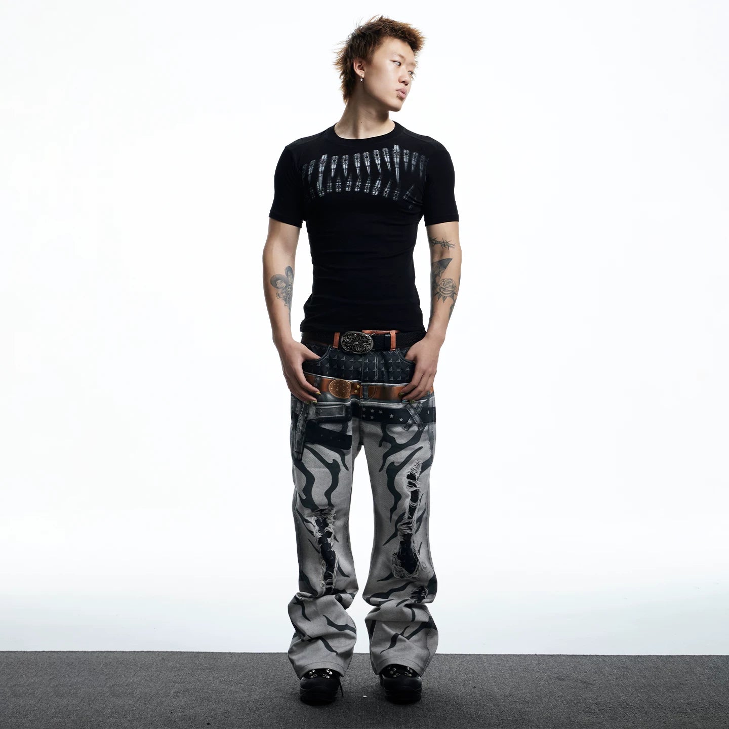 DND4DES American High Street Bullet Printed T-shirt Elastic Tight Gothic Dark Wind Wool Blended Short Sleeve