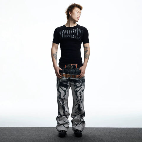 DND4DES American High Street Bullet Printed T-shirt Elastic Tight Gothic Dark Wind Wool Blended Short Sleeve