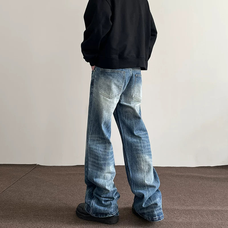 American high street vibe lightning burst blue jeans, men's trendy straight leg micro flare cleanfit slimming pants