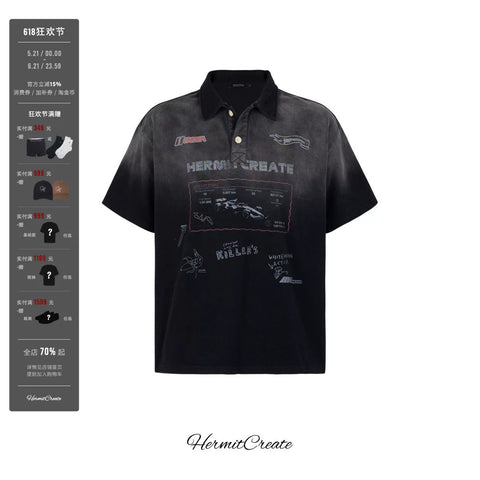 HC/HermitCreate racing series faded vintage printed polo shirt double-sided printed short sleeved shirt