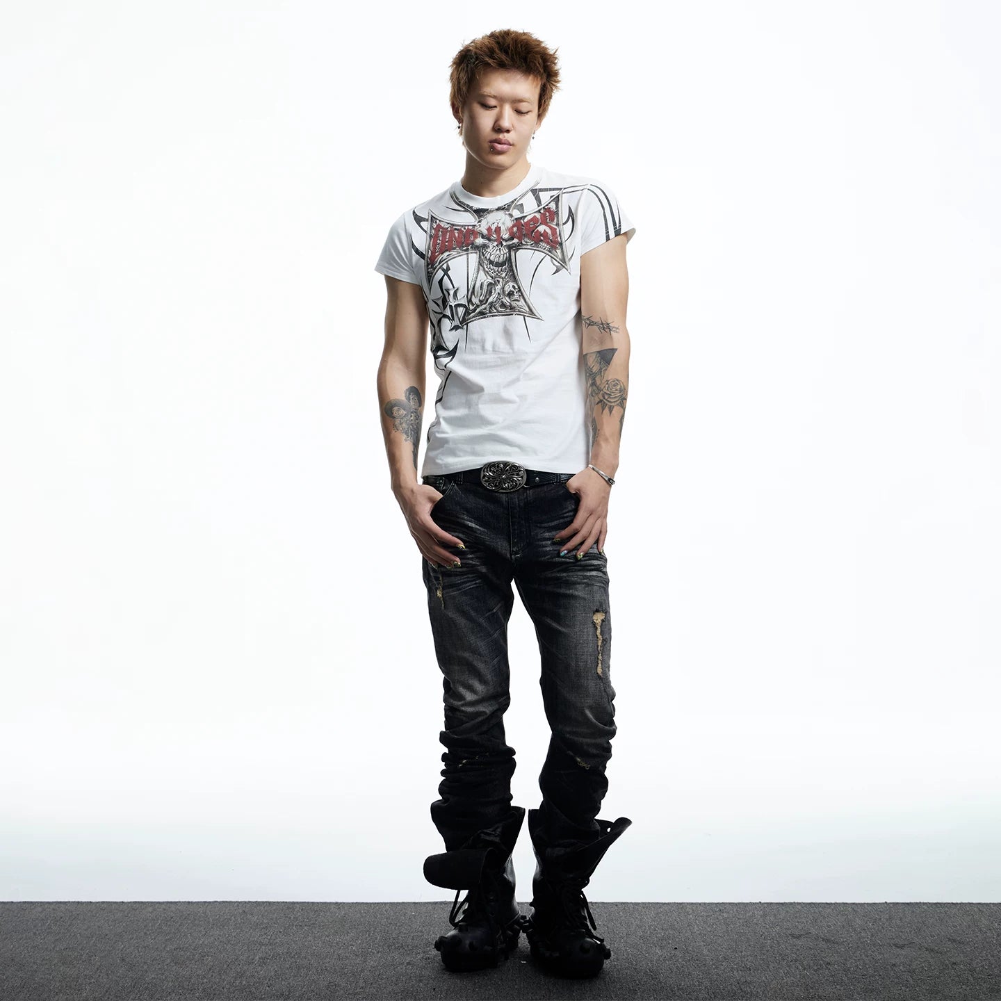 DND4DES American High Street Skeleton Cross T-shirt with Dark Graffiti Printed Short Sleeve