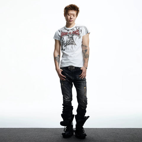 DND4DES American High Street Skeleton Cross T-shirt with Dark Graffiti Printed Short Sleeve