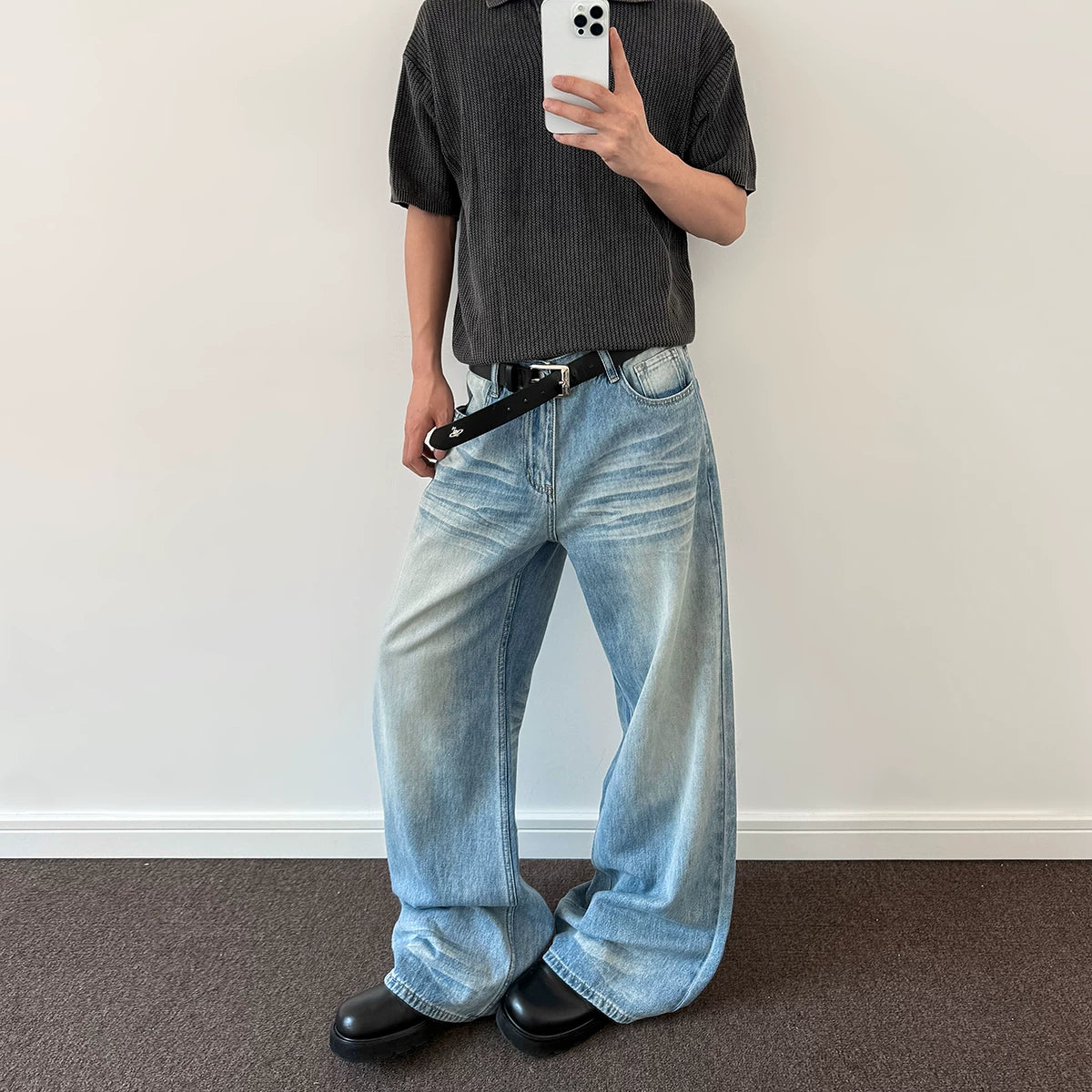 A PUEE American retro cleanfit cat whisker distressed washed jeans men's trendy straight leg micro flared versatile pants
