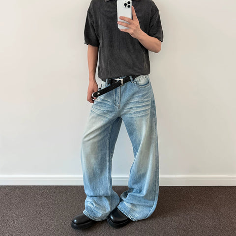 A PUEE American retro cleanfit cat whisker distressed washed jeans men's trendy straight leg micro flared versatile pants