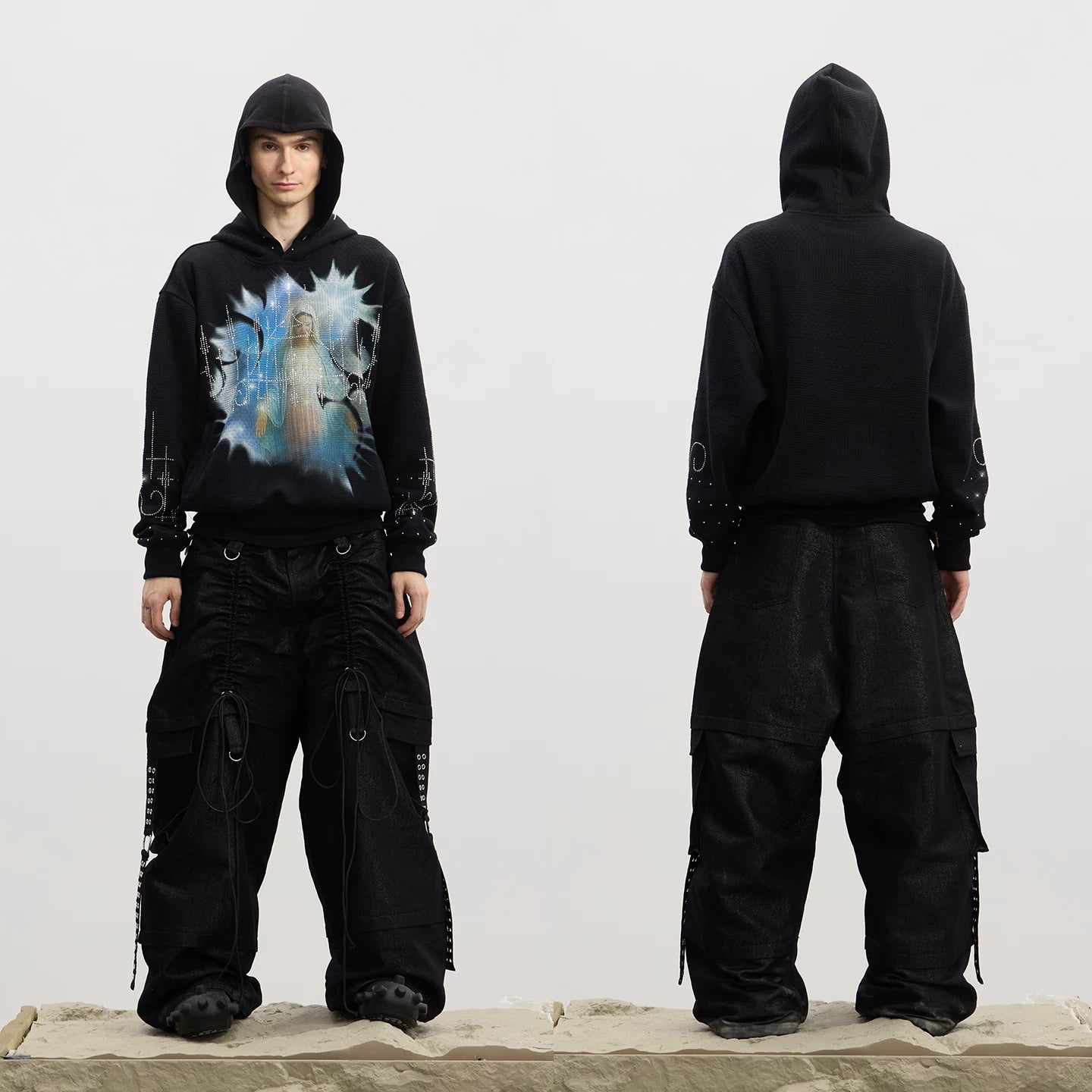 DND4DES original deconstruction design, ium Reebok pants with adjustable pleats, strap pockets, workwear jeans