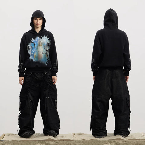 DND4DES original deconstruction design, ium Reebok pants with adjustable pleats, strap pockets, workwear jeans