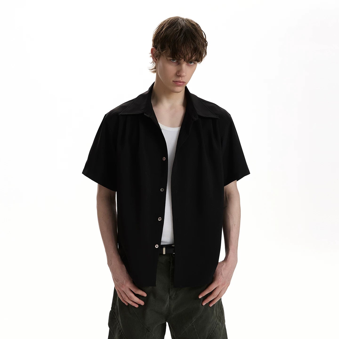 A PUEE classic minimalist deconstructive cut short sleeved shirt cleanfit, high-end casual versatile shoulder shirt