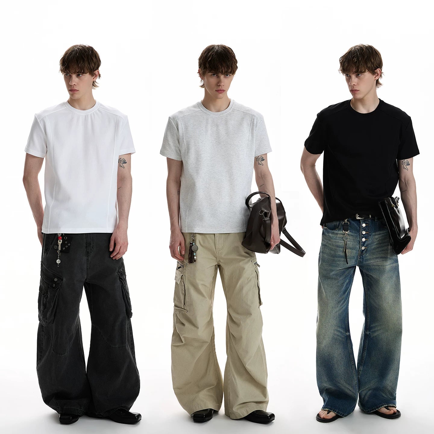 A PUEE deconstructive design clean fit shoulder short sleeved T-shirt for men and women with a sense of luxury, short and versatile top for summer