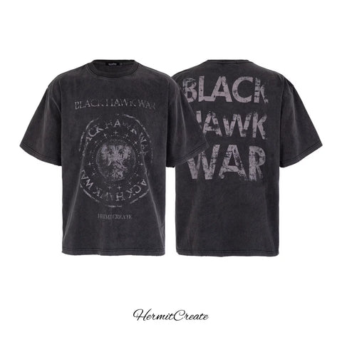 HC/HermitCreate Washed Vintage Series War Black Eagle T-shirt Short Sleeve Street Trendy Loose Boxy