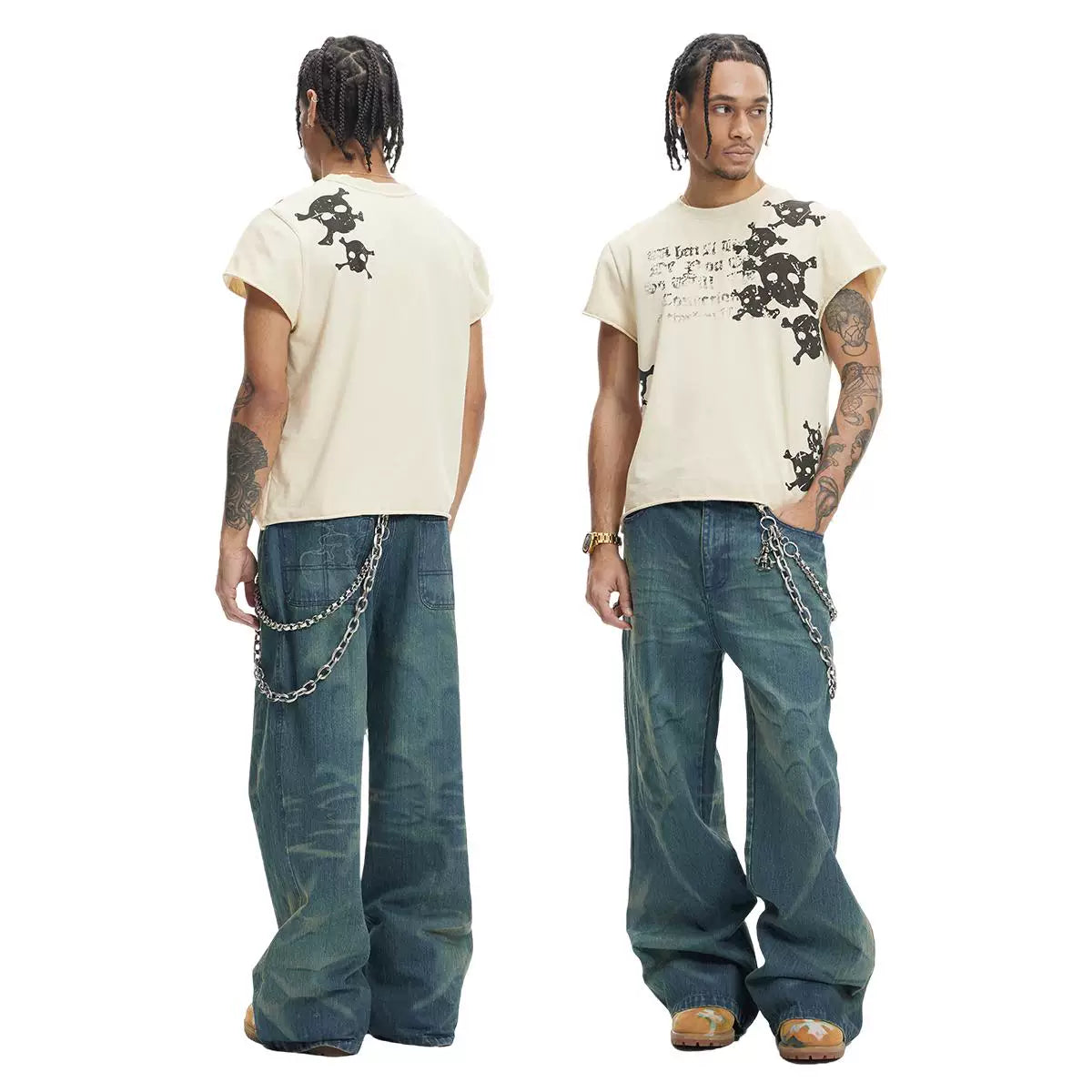 DND4DES American retro laser burned flower washed distressed bamboo striped jeans straight tube micro flared 2021M version