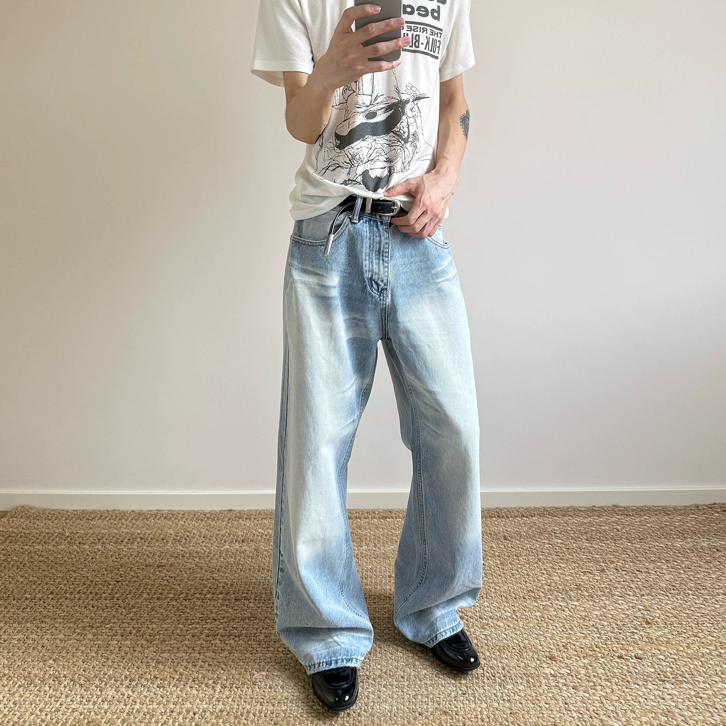 A PUEE American retro cleanfit washed ice blue jeans men's trendy straight tube micro flared versatile slimming pants