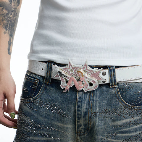 DND4DES American Retro Heavy Industry Head Leather Belt Starry Sky with Diamonds, Spicy Girl Hip Hop Belt