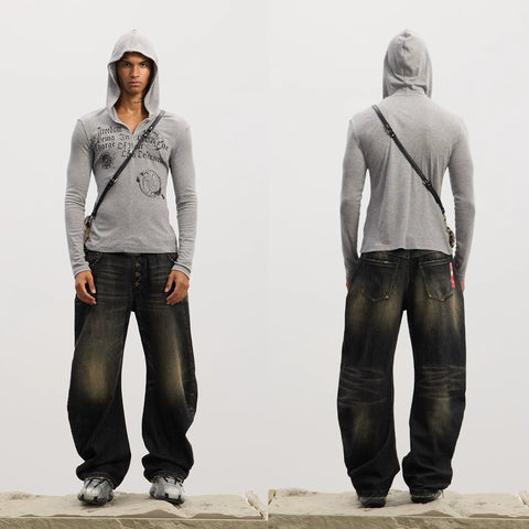 DND4DES American retro three-dimensional washed cat whiskers made of old curved knife shaped buckle baggy jeans in multiple colors