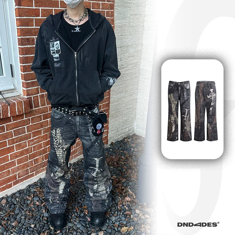 DND4DES Left Handed Zhang Yanqi Original Niche Digital Printed Cross Splicing Straight Leg Pants