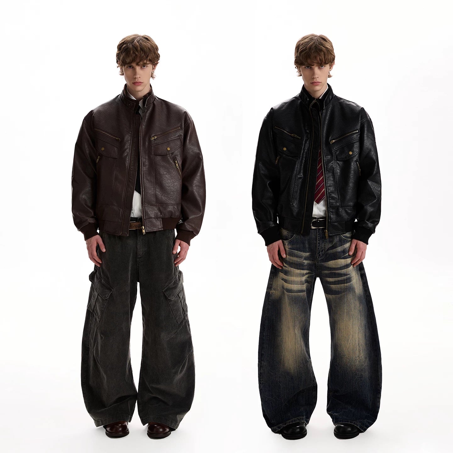 A PUEE American retro texture design PU leather jacket boxy multi pocket silhouette motorcycle suit jacket trendy