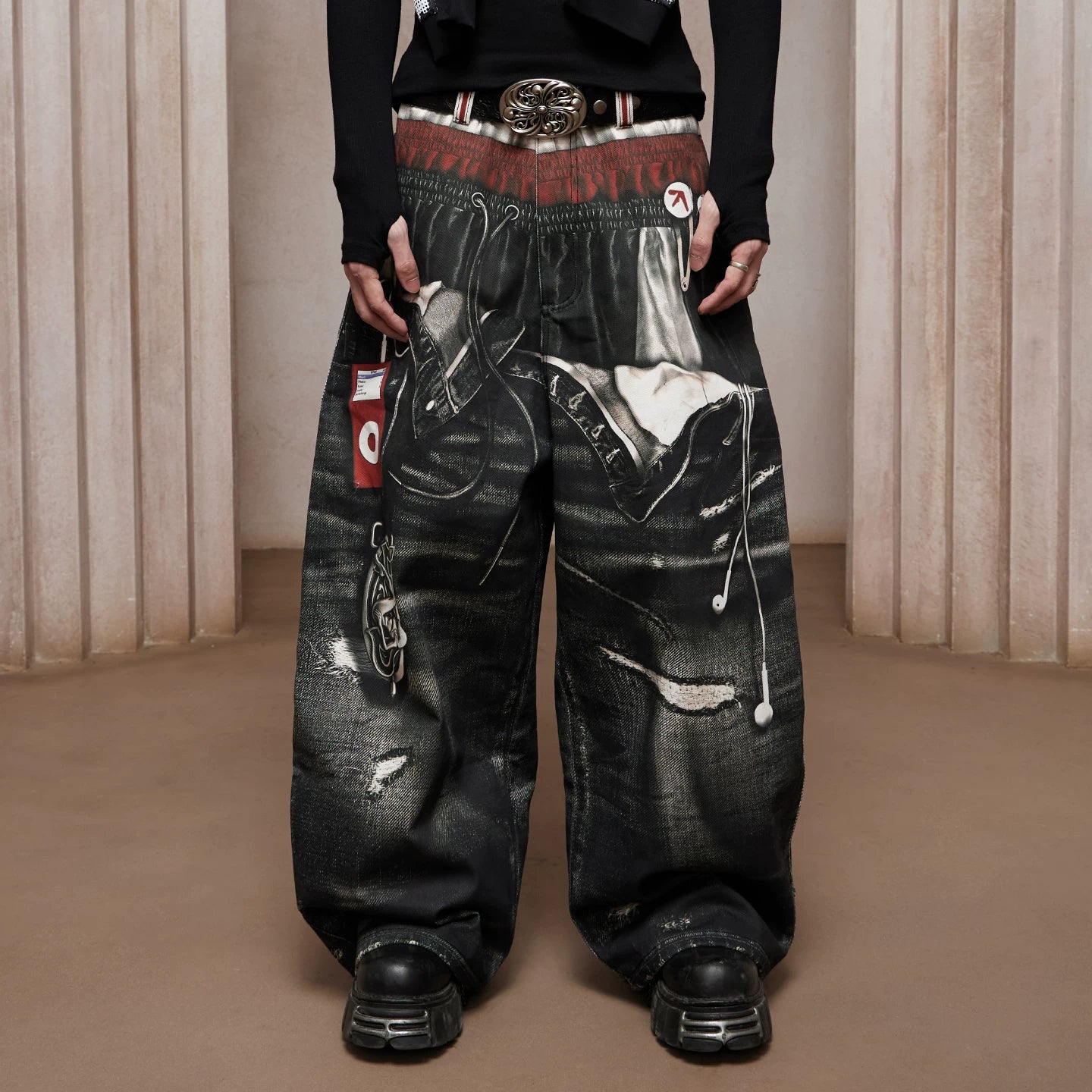 DND4DES Liu Yaowen's original American style 3D printed three waisted printed curved knife silhouette baggy jeans