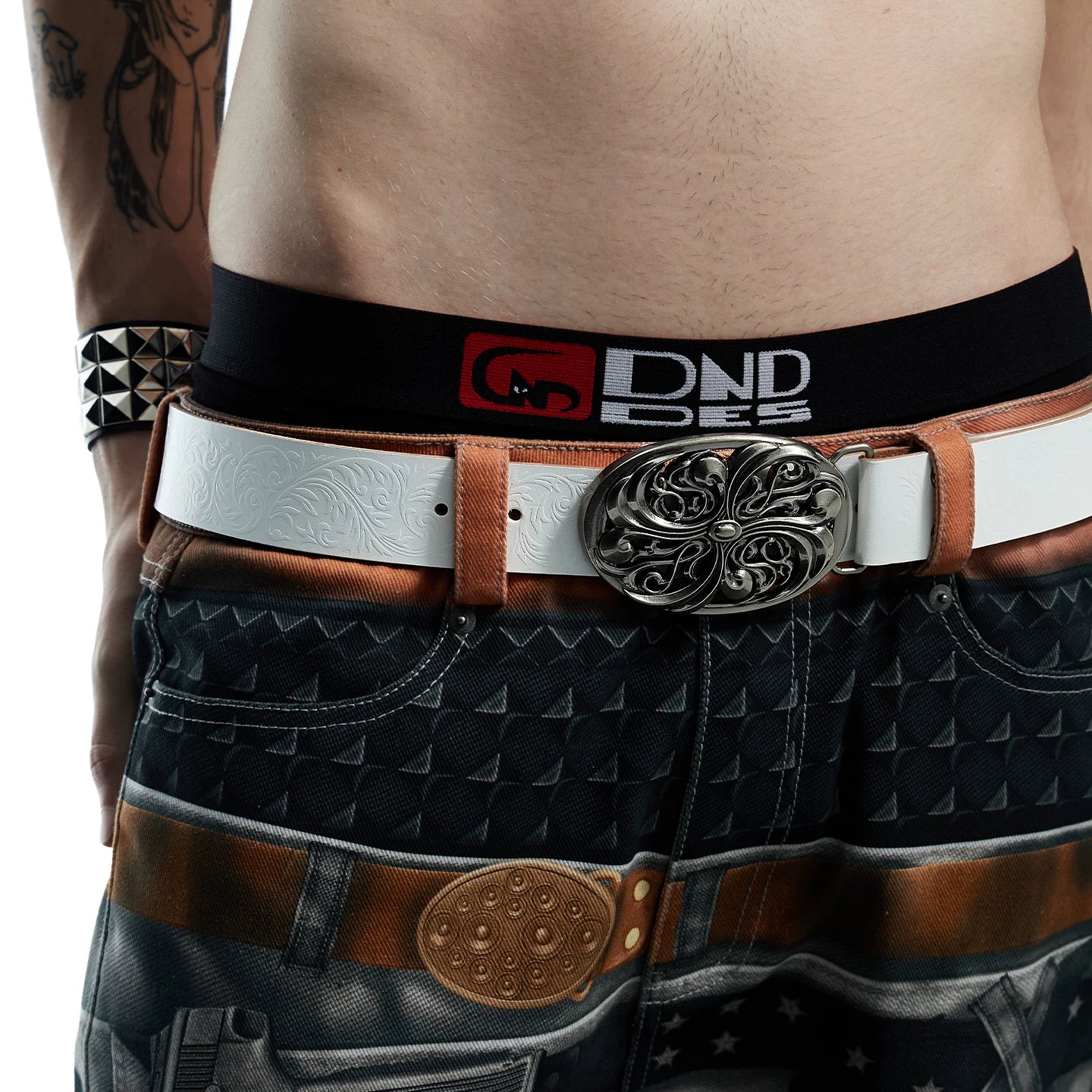 DND4DES Mu Zhicheng's same retro honeysuckle pattern buckle head carved heavy industry head layer cowhide leather belt waist belt