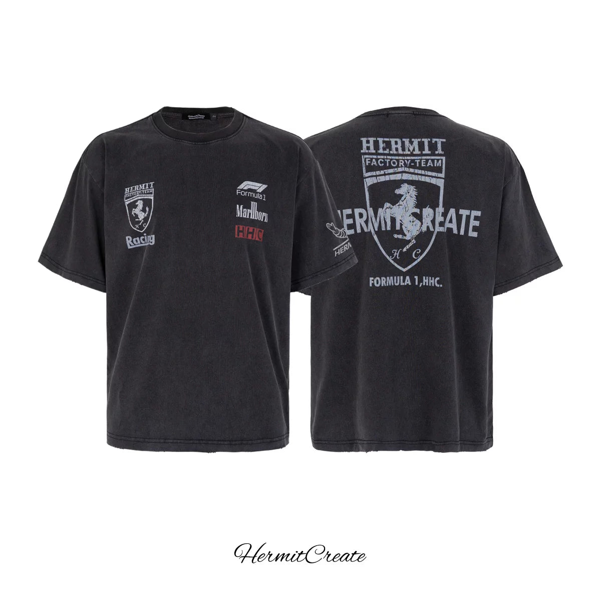 HC/HermitCreate washed and worn short sleeved racing series, featuring a second creation print and American retro vintage