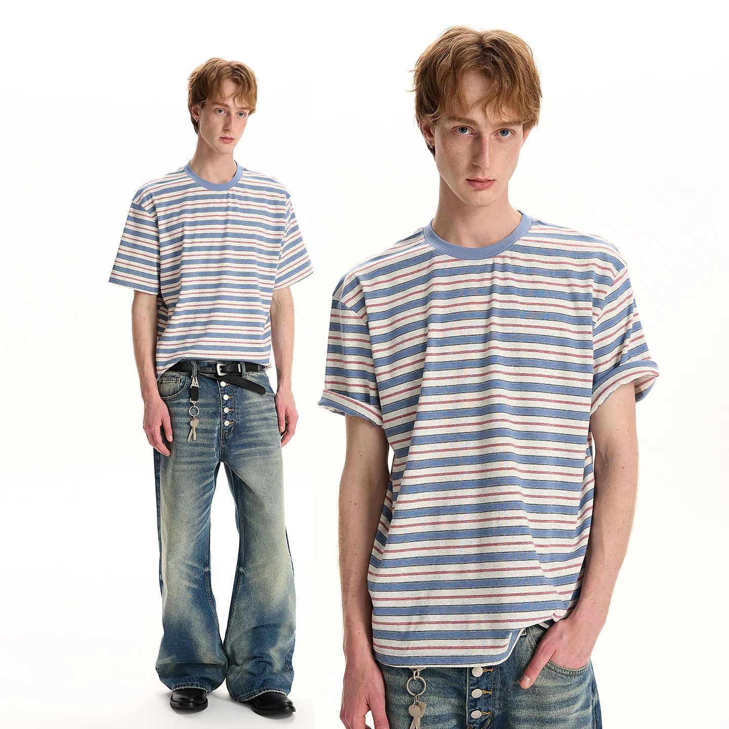 A PUEE retro high intelligence striped short sleeved T-shirt for men and women's cleanfit commuting versatile loose casual top