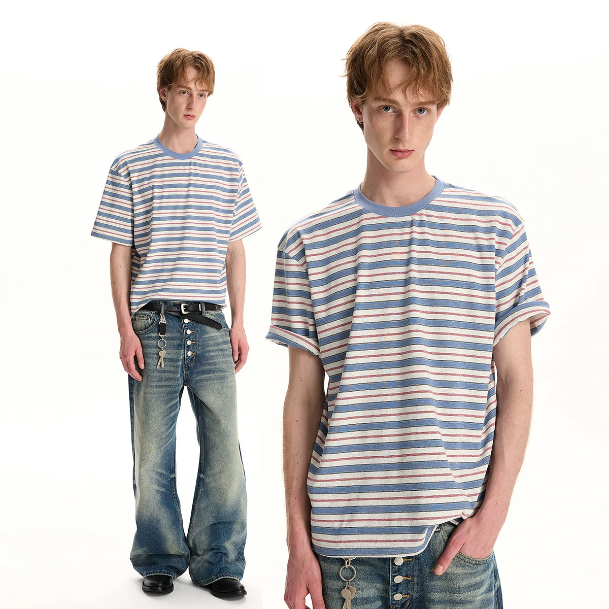 A PUEE retro high intelligence striped short sleeved T-shirt for men and women's cleanfit commuting versatile loose casual top