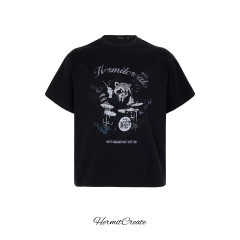 HC/HermitCreate Rock Raccoon Retro Vintage Vintage Short Sleeve Boxy Edition T-shirt