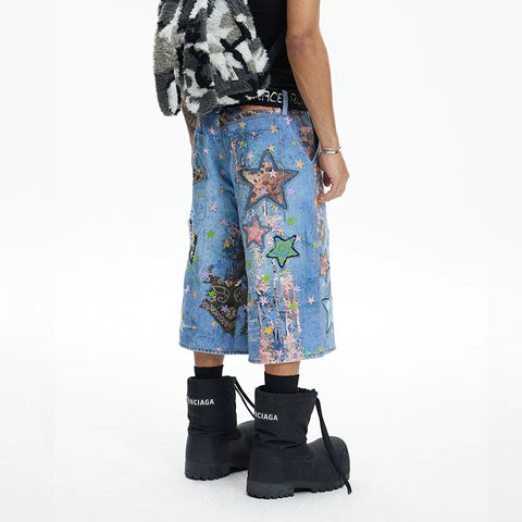 Huang Zihong, Fan He Haonan, same style DND4DES American street digital printed denim shorts cartoon cropped pants