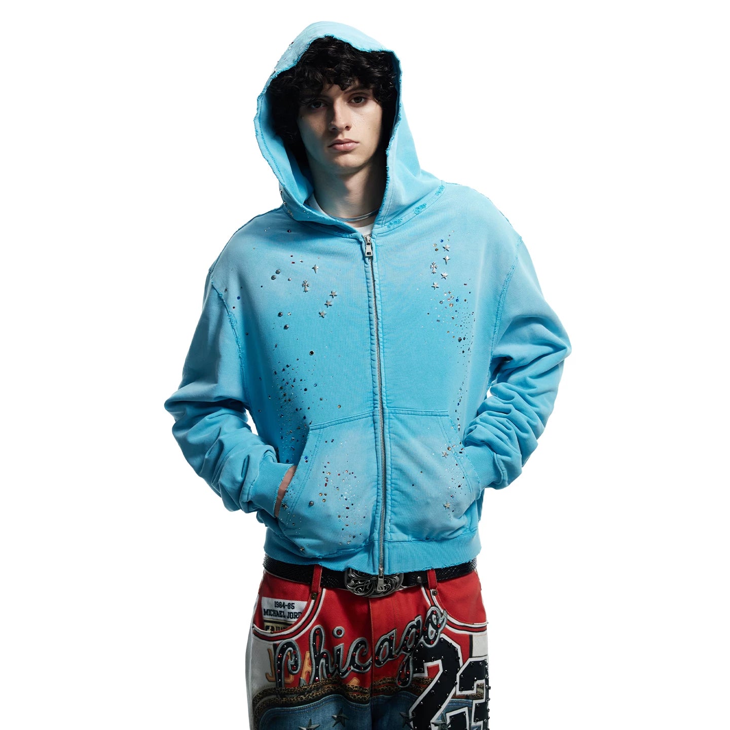 Wang Lujie's same DND4DES original design, starry sky hot stamping, water washing, zipper breaking, hooded sweatshirt jacket