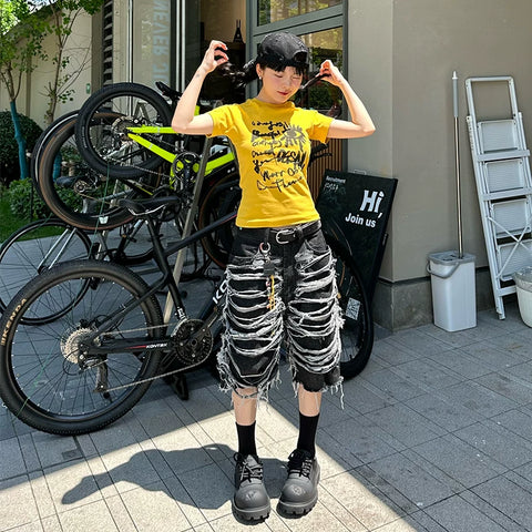 DND4DES/New Pants Band Same Style/American Street Heavy Industry Washed Knife Cut Jeans, Quarter Pants, Shorts