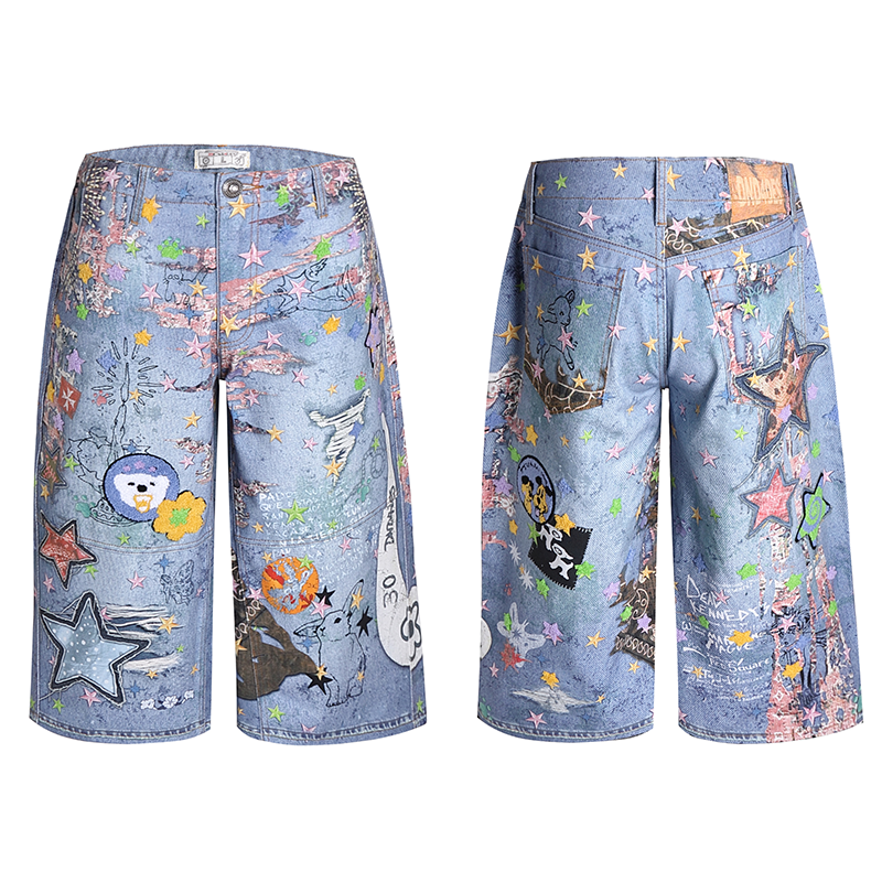 Huang Zihong, Fan He Haonan, same style DND4DES American street digital printed denim shorts cartoon cropped pants