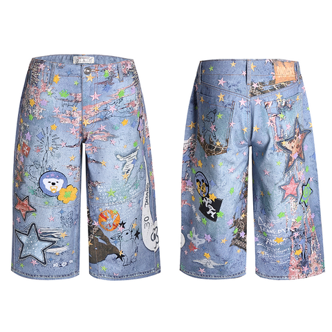 Huang Zihong, Fan He Haonan, same style DND4DES American street digital printed denim shorts cartoon cropped pants