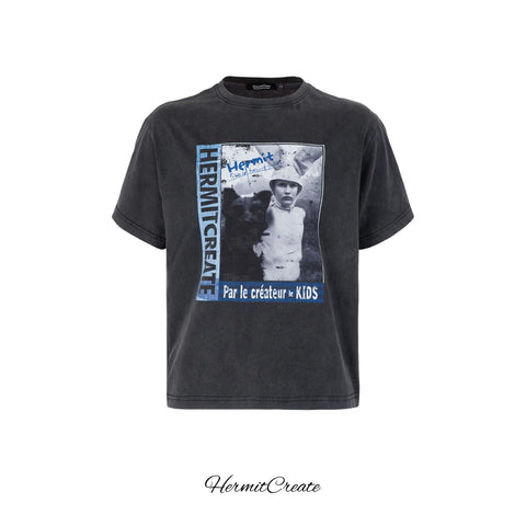 HC/HermitCreate Washed Vintage Kid Printed Short Sleeve Boxy Version VintageT T-shirt