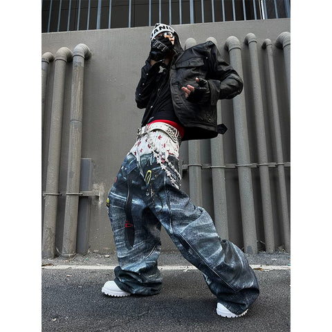 DND4DES Zhu Zhixin's original American style 3D printed pants with double waistband printed curved knife baggy jeans