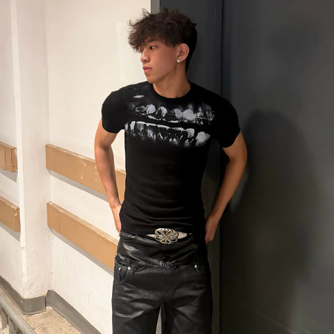 DND4DES dental drill opium dark tight print elastic slim fit wool blend inner bottom short sleeved T-shirt