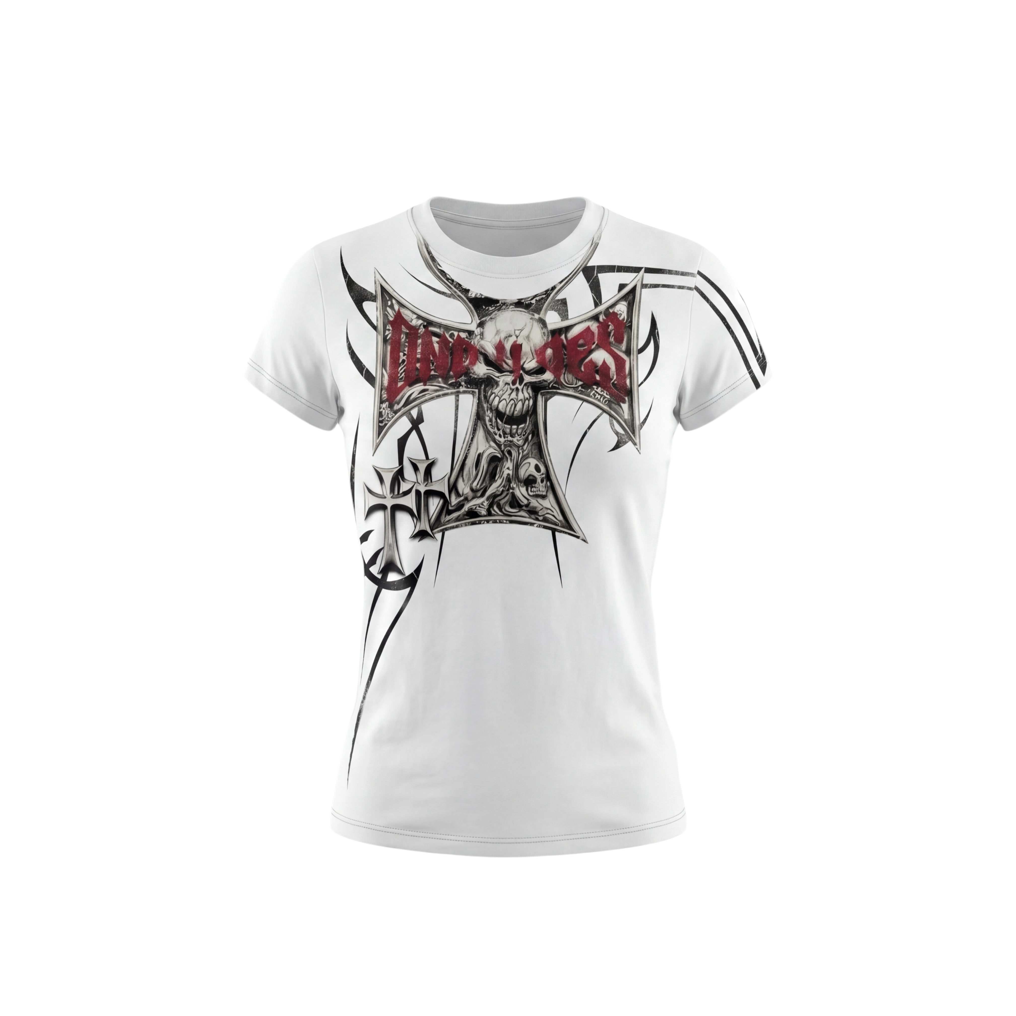 DND4DES American High Street Skeleton Cross T-shirt with Dark Graffiti Printed Short Sleeve