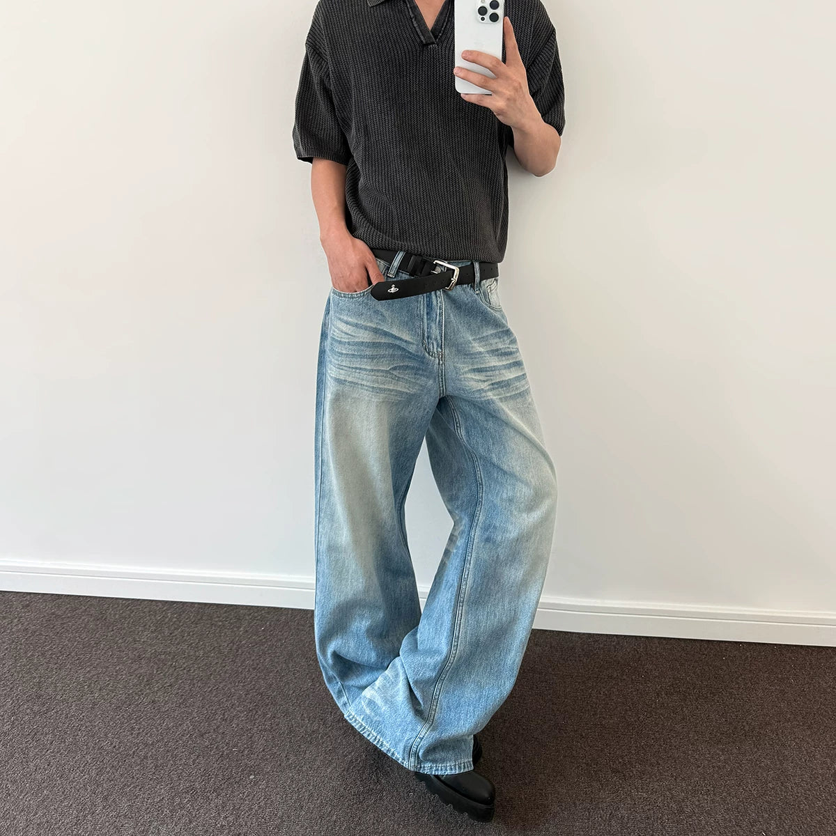 A PUEE American retro cleanfit cat whisker distressed washed jeans men's trendy straight leg micro flared versatile pants