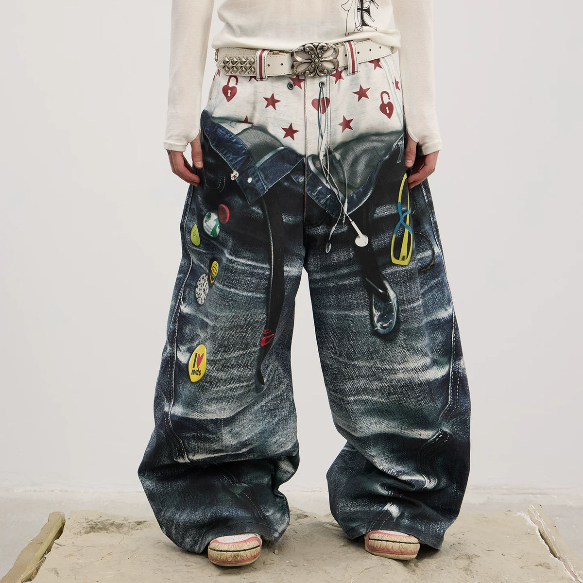 DND4DES Zhu Zhixin's original American style 3D printed pants with double waistband printed curved knife baggy jeans