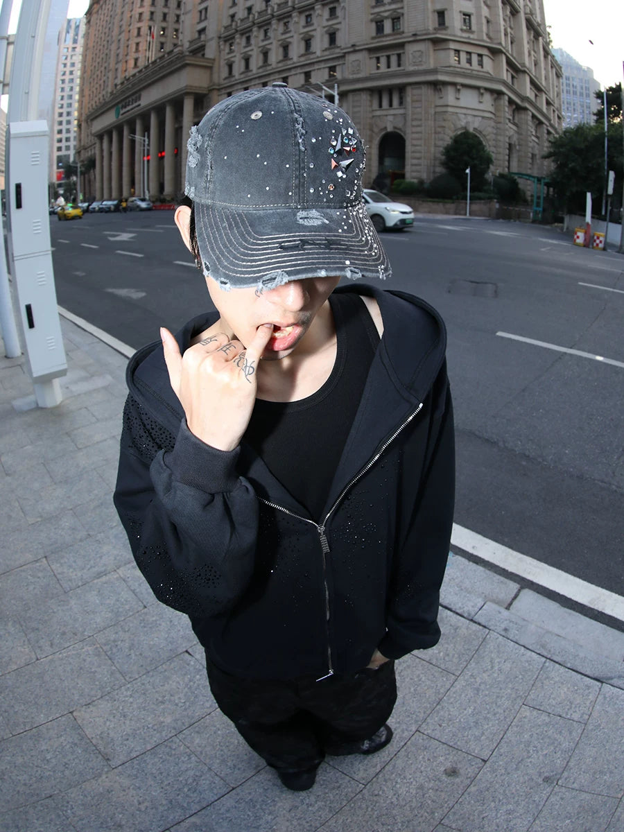 DND4DES washed denim baseball cap, American style big head circumference, wide brim, heavy-duty damage hardware, rhinestone duckbill cap